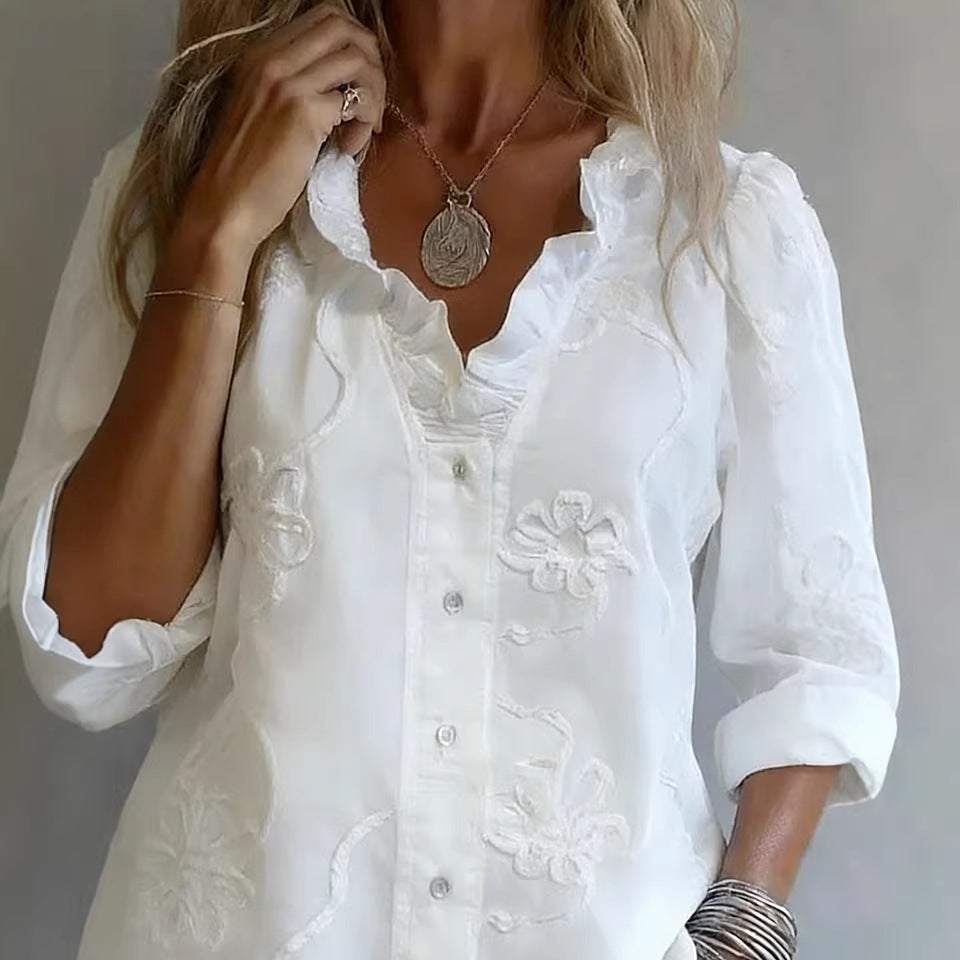 Lace-embroidered Cotton-linen Sweet Blouse